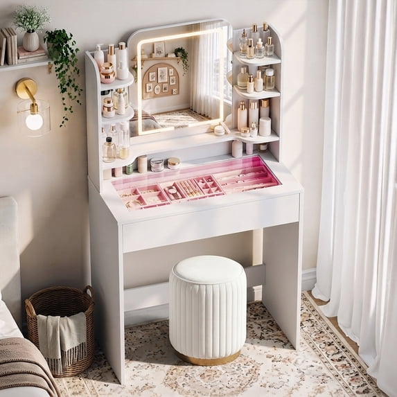 Small Makeup Vanity Desk with LED Mirror and Lights, Tempered Glass, RGB Drawer with App/Remote and Music-Sync, 6000+ Colors, 5 Shelves