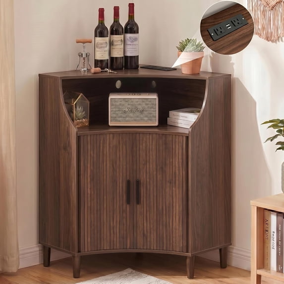 NEORIVER Wood Fluted Corner Cabinet with Built-in Outlets, Triangle Storage Unit with 2 Sliding Doors & Shelf, Space-Saving Sideboard for Living Room, Dining Room