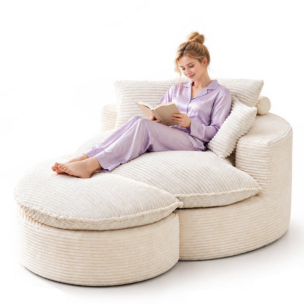 Oversized Boneless Chair with 3 Pillows, Cushion & Ottoman, Round Chaise Lounge Chair, Single Sofa for Living Room, Beige