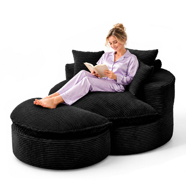 Oversized Boneless Chair with 3 Pillows, Cushion & Ottoman, Round Chaise Lounge Chair, Single Sofa for Living Room, Black