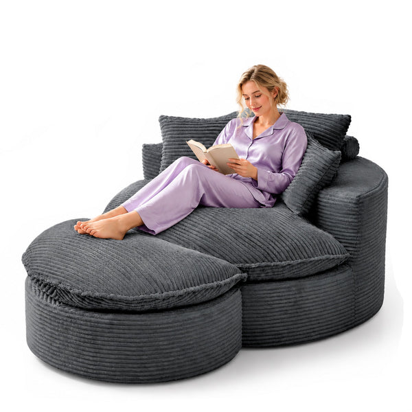 Oversized Boneless Chair with 3 Pillows, Cushion & Ottoman, Round Chaise Lounge Chair, Single Sofa for Living Room, Gray