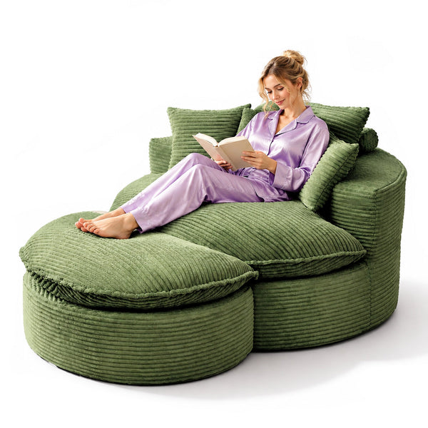 Oversized Boneless Chair with 3 Pillows, Cushion & Ottoman, Round Chaise Lounge Chair, Single Sofa for Living Room, Green