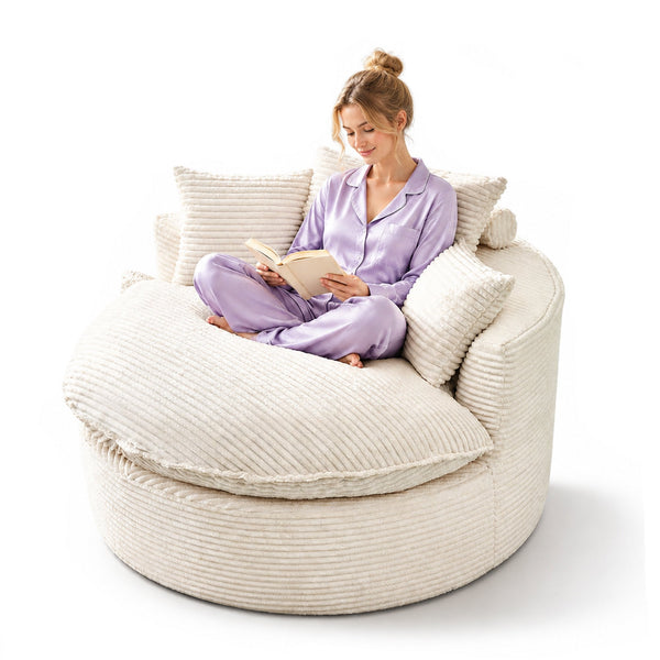 Oversized Boneless Chair with 3 Pillows, Cushion, Round Chaise Lounge Chair, Single Sofa for Living Room, Beige
