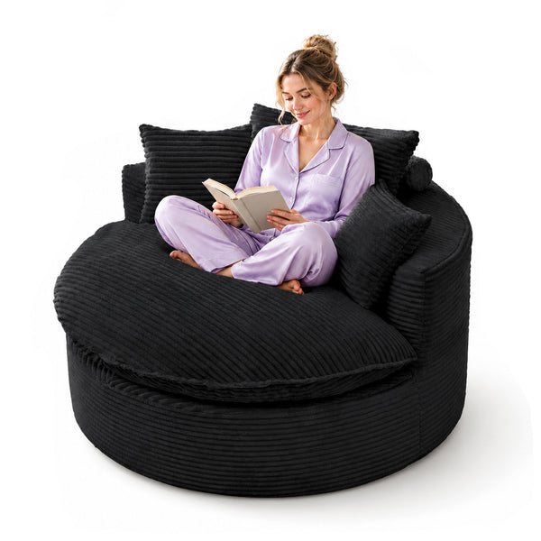 Oversized Boneless Chair with 3 Pillows, Cushion, Round Chaise Lounge Chair, Single Sofa for Living Room, Black
