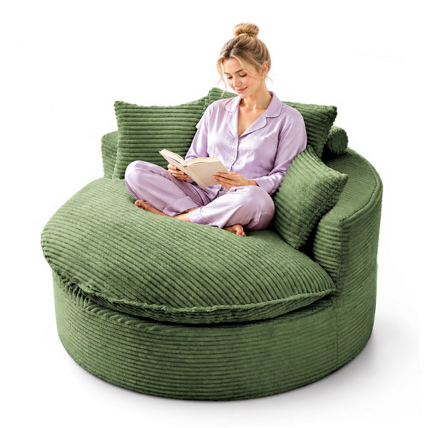 Oversized Boneless Chair with 3 Pillows, Cushion, Round Chaise Lounge Chair, Single Sofa for Living Room, Green