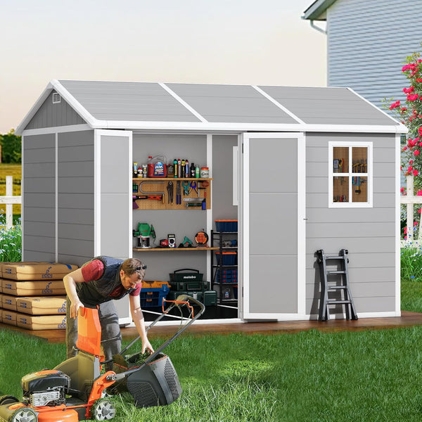 Pipleo 10x8 FT Resin Outdoor Storage Shed with Floor, Weather-Resistant Plastic Garden Shed with Windows, Lockable Door and Vents, Outside Tool Storage Sheds for Backyard, Garden, Patio, Lawn