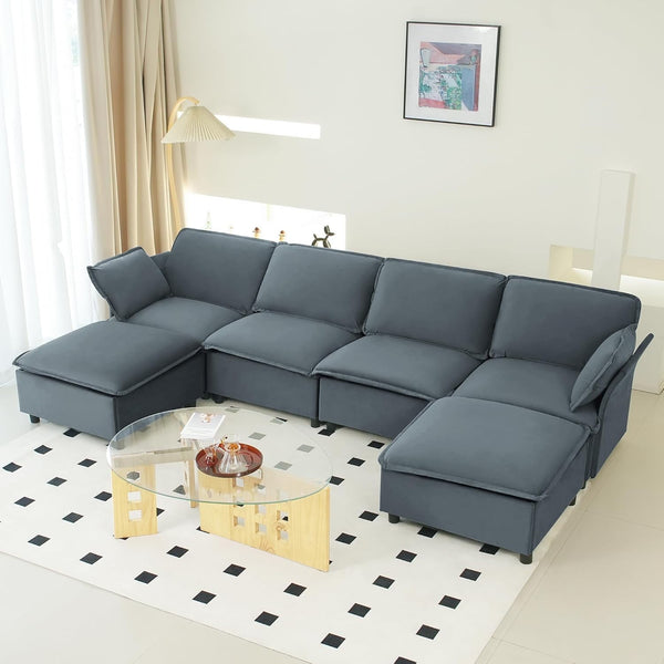 Pipleo 130" U-Shaped Cloud Sectional Sofa, Velvet Convertible Sofa Bed and Storage, Sectional Sofas