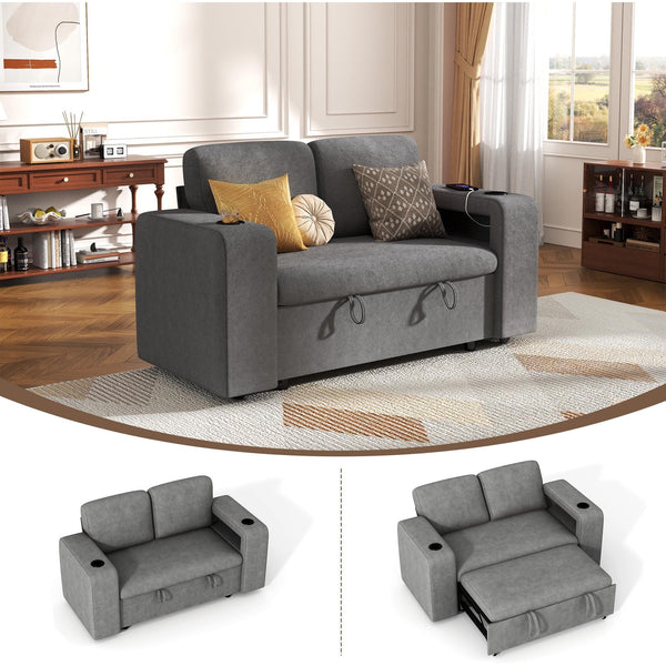 Pipleo 2 Seats Sectional Sleeper Sofa with Pull Out Couch Bed, Modular Cloud Couch with Dual Arm Storage, USB Charging and Adjustable Backrest Sofa