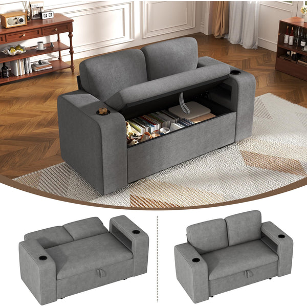 Pipleo 2 Seats Sectional Sleeper Sofa with Storage, Modular Cloud Couch with Dual Arm Storage & USB Charging, Adjustable Backrest Sofa
