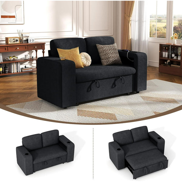 Pipleo 2 Seats Sectional Sleeper Sofa with Pull Out Couch Bed, Modular Cloud Couch with Dual Arm Storage, USB Charging and Adjustable Backrest Sofa