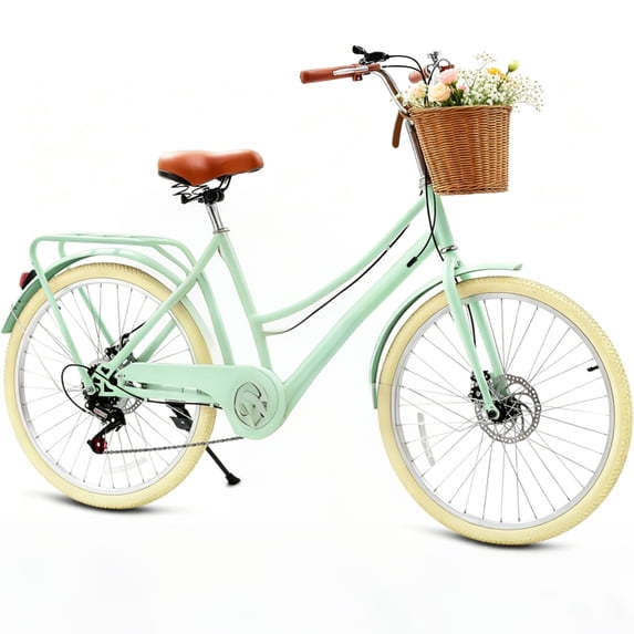 Pipleo 24" 7-Speed Retro Cruiser Women Bike, Bike for Women with Rattan Basket, Dual-Disc Brake Carbon Steel Frame Lightweight Bicycle, Easy Assembly