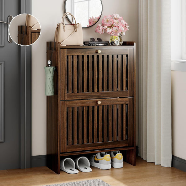 Pipleo 24" Shoe Cabinet with 2 Flip Slatted Drawers, Adjustable & Removable Panels, Narrow Shoe Cabinet Storage for Entryway, Hallway, Shoe Organizer Cabinet