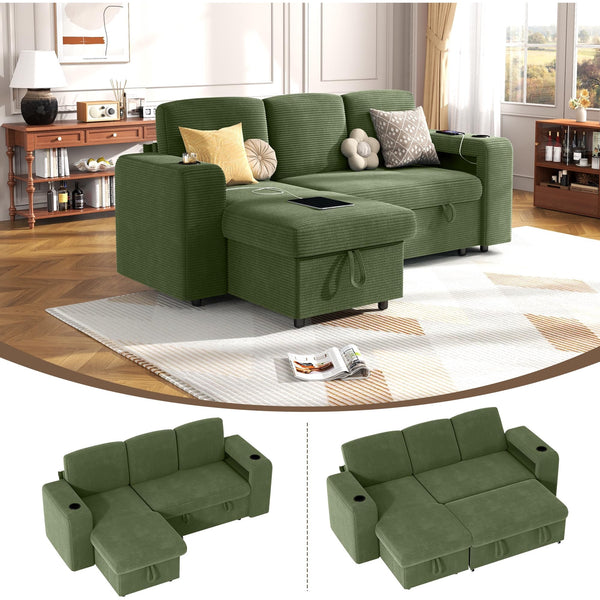 Pipleo 3 Seats Sectional Sleeper Sofa, Modular L Shaped Cloud Couch with Pull Out Sofa Bed, Storage Chaise, USB Charging, Adjustable Backrest