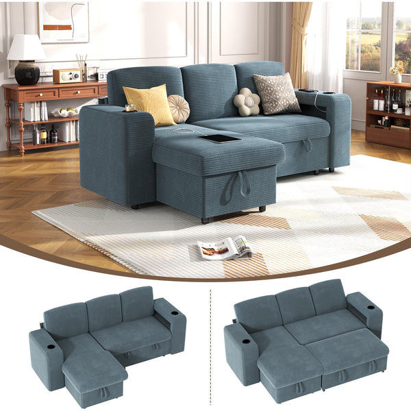 Pipleo 3 Seats Sectional Sleeper Sofa, Modular L Shaped Cloud Couch with Pull Out Sofa Bed, Storage Chaise, USB Charging, Adjustable Backrest