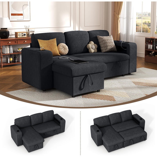 Pipleo 3 Seats Sectional Sleeper Sofa, Modular L Shaped Cloud Couch with Pull Out Sofa Bed, Storage Chaise, USB Charging, Adjustable Backrest