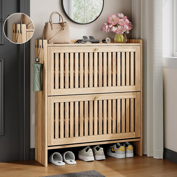 Pipleo 31.5" Shoe Cabinet with 2 Flip Slatted Drawers, Adjustable & Removable Panels, Narrow Shoe Cabinet Storage for Entryway, Hallway, Shoe Organizer Cabinet