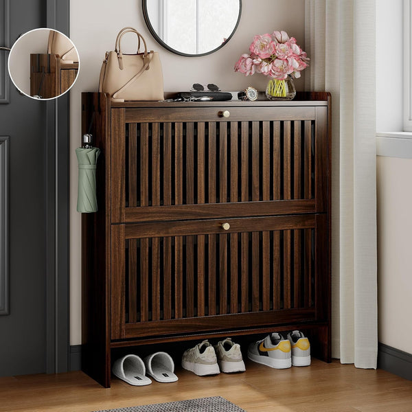 Pipleo 31.5" Shoe Cabinet with 2 Flip Slatted Drawers, Adjustable & Removable Panels, Narrow Shoe Cabinet Storage for Entryway, Hallway, Shoe Organizer Cabinet