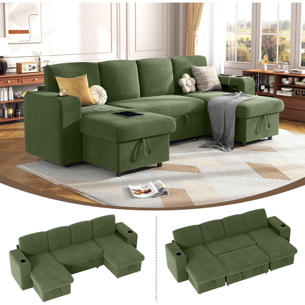 Pipleo 4 Seats Sectional Sleeper Sofa, Modular L Shaped Cloud Couch with Pull Out Sofa Bed, Storage Chaise, USB Charging, Adjustable Backrest