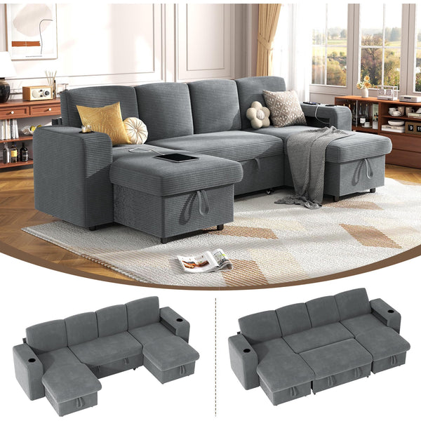 Pipleo 4 Seats Sectional Sleeper Sofa, Modular L Shaped Cloud Couch with Pull Out Sofa Bed, Storage Chaise, USB Charging, Adjustable Backrest