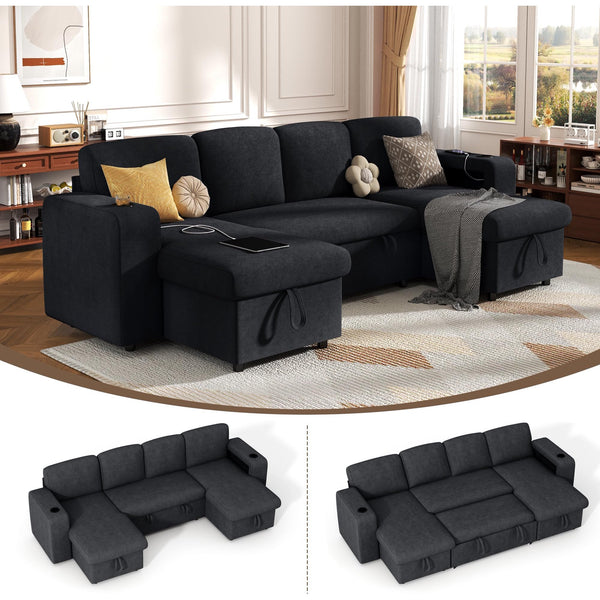 Pipleo 4 Seats Sectional Sleeper Sofa, Modular L Shaped Cloud Couch with Pull Out Sofa Bed, Storage Chaise, USB Charging, Adjustable Backrest