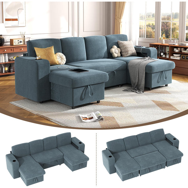 Pipleo 4 Seats Sectional Sleeper Sofa, Modular L Shaped Cloud Couch with Pull Out Sofa Bed, Storage Chaise, USB Charging, Adjustable Backrest