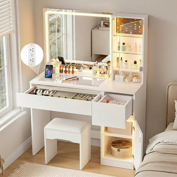 Pipleo 41" Vanity Desk with Glass Top, Makeup Vanity Desk with Mirror and Lights, Modern White Vanity with Power Outlet and 3 Lighting Modes