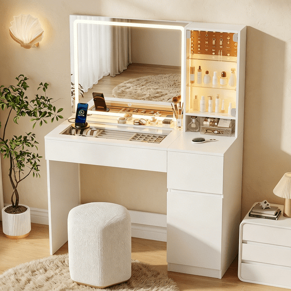 Pipleo 41" Vanity Desk with Glass Top, Makeup Vanity Desk with Mirror and Lights, Modern White Vanity with Power Outlet and 3 Lighting Modes