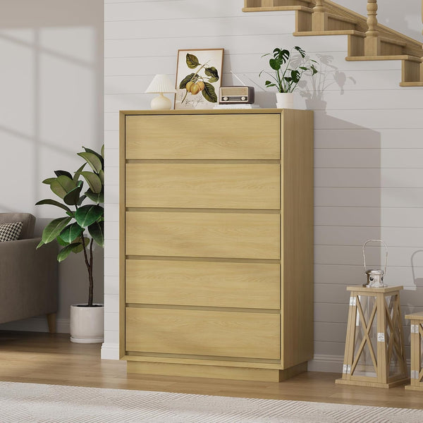 Pipleo 47" Black Dresser for Bedroom, Glossy Wood Dresser with 5 Deep Chests of Drawers for Bedroom, Hallway and Entryway