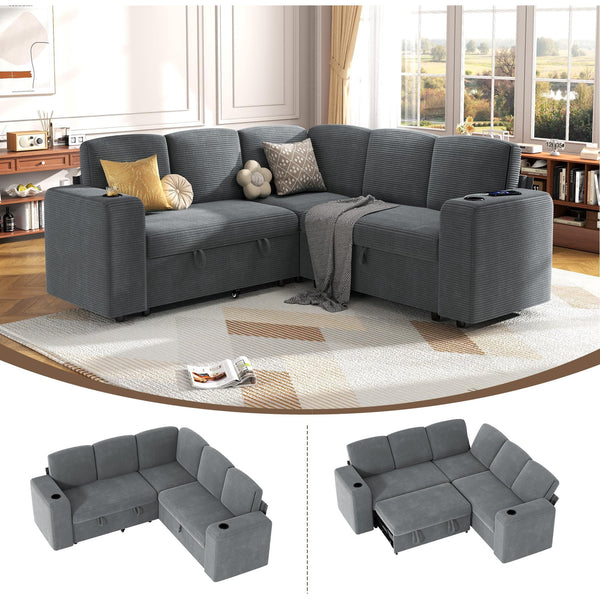 Pipleo 5 Seats Sectional Sleeper Sofa, Modular U Shaped Cloud Couch with Pull Out Sofa Bed, Storage Chaise, USB Charging, Adjustable Backrest