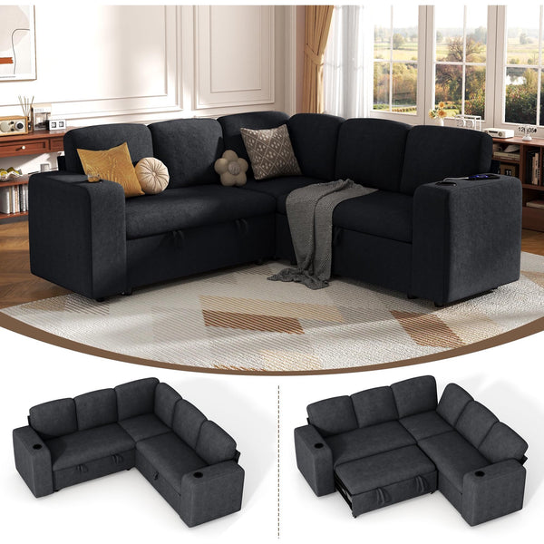 Pipleo 5 Seats Sectional Sleeper Sofa, Modular U Shaped Cloud Couch with Pull Out Sofa Bed, Storage Chaise, USB Charging, Adjustable Backrest