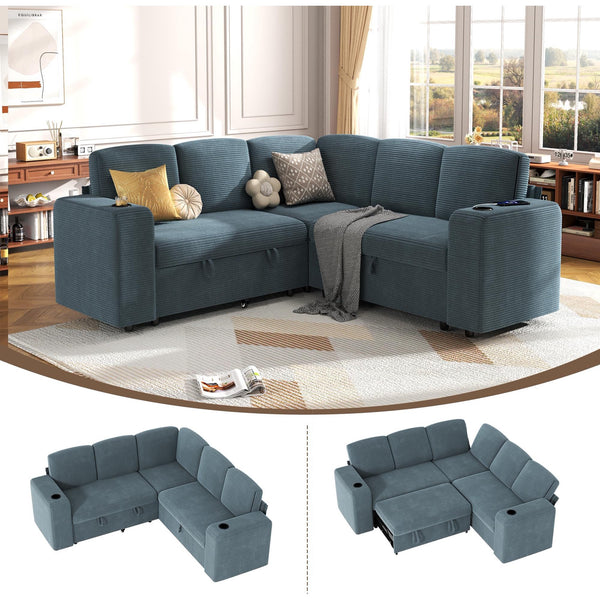 Pipleo 5 Seats Sectional Sleeper Sofa, Modular U Shaped Cloud Couch with Pull Out Sofa Bed, Storage Chaise, USB Charging, Adjustable Backrest