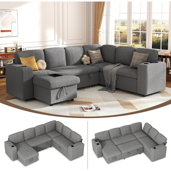 Pipleo 6 Seats Sectional Sleeper Sofa, Modular L Shaped Cloud Couch with Pull Out Sofa Bed, Storage Chaise, USB Charging, Adjustable Backrest
