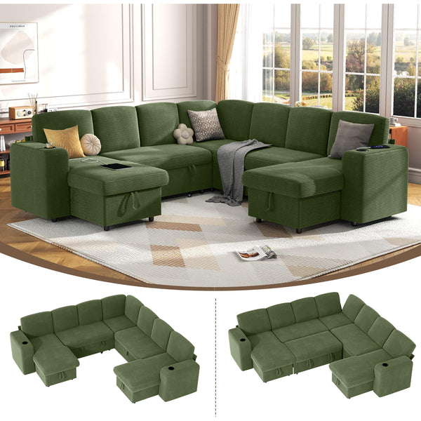 Pipleo 7 Seats Sectional Sleeper Sofa, Modular U Shaped Cloud Couch with Pull Out Sofa Bed, Storage Chaise, USB Charging, Adjustable Backrest