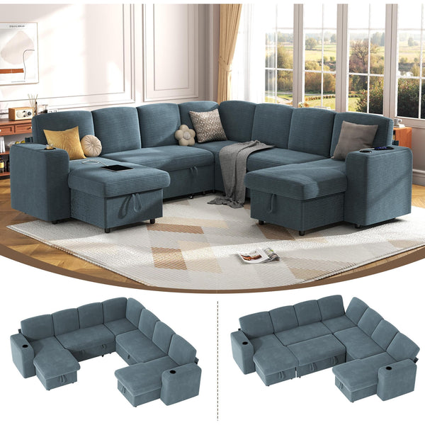Pipleo 6 Seats Sectional Sleeper Sofa, Modular L Shaped Cloud Couch with Pull Out Sofa Bed, Storage Chaise, USB Charging, Adjustable Backrest