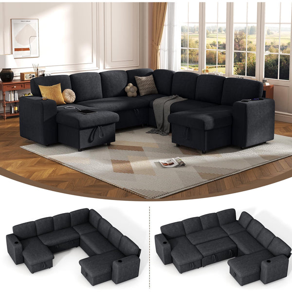 Pipleo 7 Seats Sectional Sleeper Sofa, Modular U Shaped Cloud Couch with Pull Out Sofa Bed, Storage Chaise, USB Charging, Adjustable Backrest