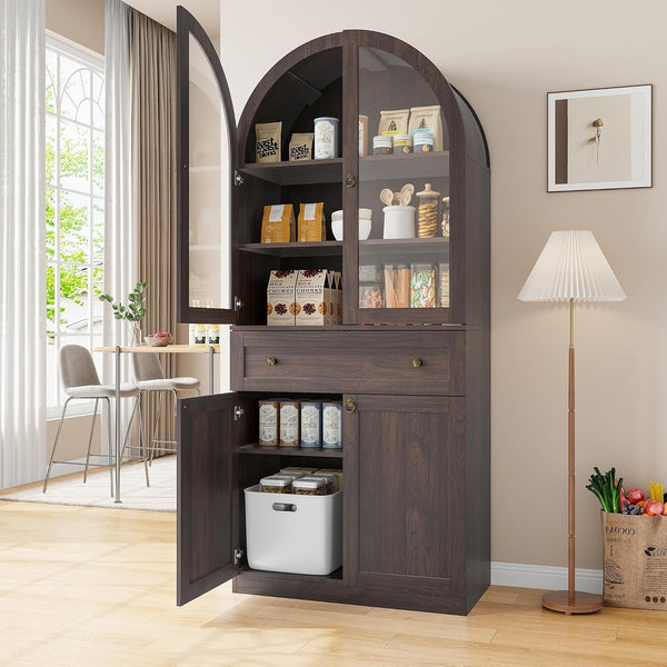 Pipleo 71" Tall Arched Kitchen Pantry Cabinet with Glass Doors, Modern Kitchen Storage Cabinets with Adjustable Shelves and Drawer, Wooden Storage Pantry Cabinet for Living Room, Dining Room
