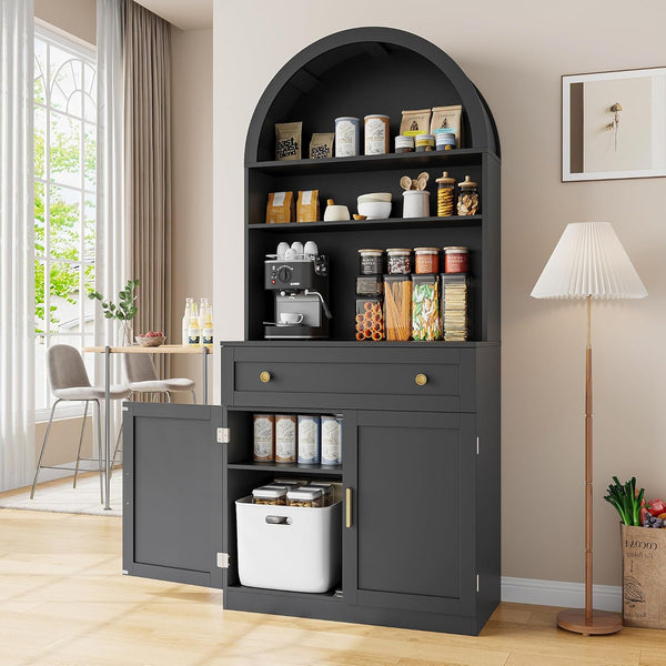 Pipleo 71" Tall Arched Kitchen Pantry Cabinet with Glass Doors, Modern Kitchen Storage Cabinets with Adjustable Shelves and Drawer, Wooden Storage Pantry Cabinet for Living Room, Dining Room