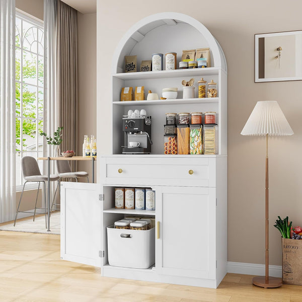 Pipleo 71" Tall Arched Kitchen Pantry Cabinet, Modern Kitchen Storage Cabinets with Hidden Drawer and Spacious Countertop, Wooden Storage Pantry Cabinet for Living Room, Dining Room