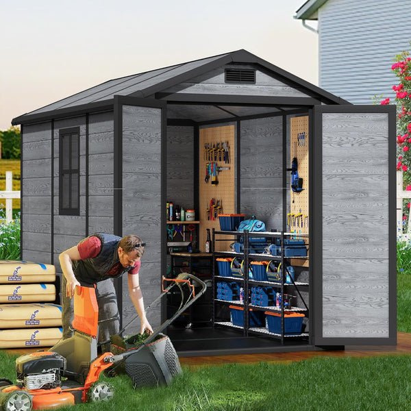 Pipleo 8.7x5.5 FT Resin Outdoor Storage Shed with Floor, Weather-Resistant Plastic Garden Shed with Windows, Lockable Door and Vents, Outside Tool Storage Sheds for Backyard, Garden, Patio, Lawn
