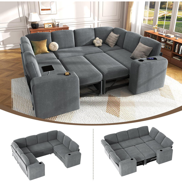Pipleo 8 Seats Sectional Sleeper Sofa, Modular U Shaped Cloud Couch with Pull Out Sofa Bed, Storage Chaise, USB Charging, Adjustable Backrest