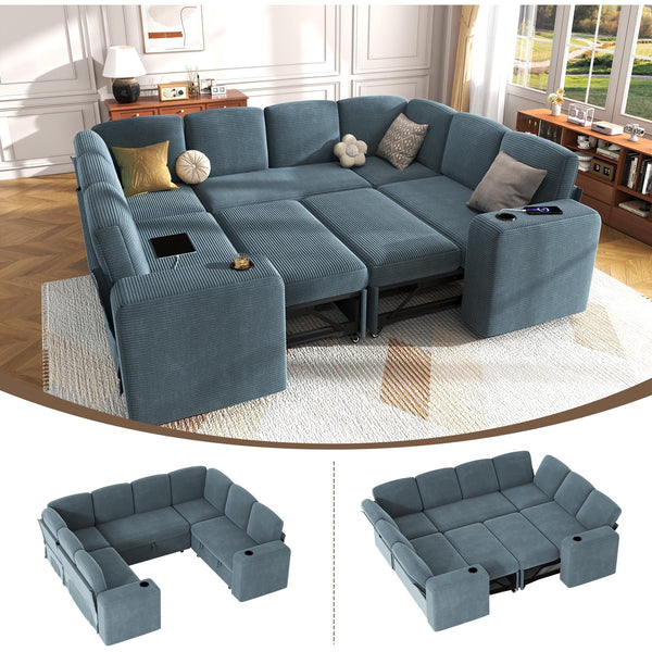 Pipleo 8 Seats Sectional Sleeper Sofa, Modular U Shaped Cloud Couch with Pull Out Sofa Bed, Storage Chaise, USB Charging, Adjustable Backrest
