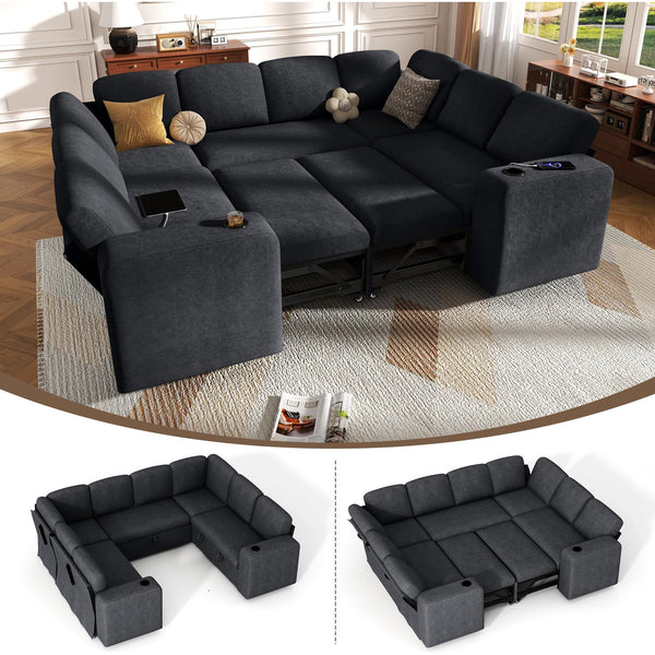 Pipleo 8 Seats Sectional Sleeper Sofa, Modular U Shaped Cloud Couch with Pull Out Sofa Bed, Storage Chaise, USB Charging, Adjustable Backrest