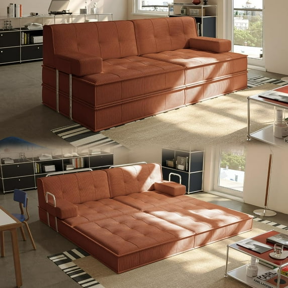 Pipleo 81.5" Convertible Sofa Bed, Oversized Corduroy Modular Boneless Couch with 2 Pillows, Pull Out Couch with Fixed-Shape Frame, Foldable Sleeper Sofa for Living Room