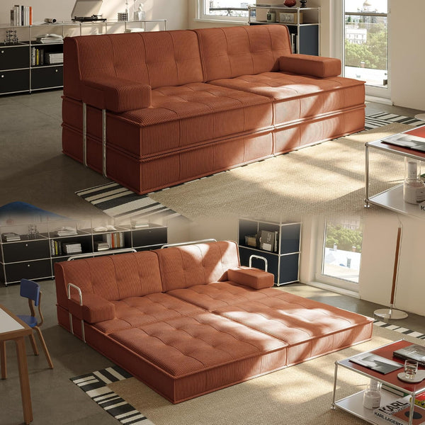 Pipleo 82" Convertible Sofa Bed with Lounger, Fixed-Shape Frame & Corduroy Upholstery – Includes 2 Pillows, Oversized Sleeper Sectional for Living Room