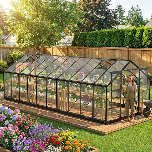 Pipleo 8x20 FT Outdoor Greenhouse, Heavy Duty Walk-In Green House with Polycarbonate Panels, UV Protection & Windproof Aluminum Frame, 2 Adjustable Roof Vent with Sliding Door