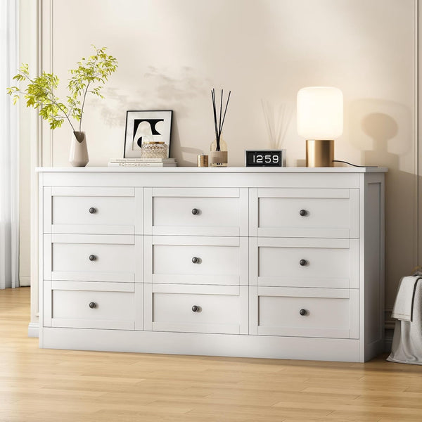 9 Drawer Dresser for Bedroom, White Modern 59 Inch Wide Chest of Drawers, Wood TV Stand with Metal Handles, Storage Tower for Living Room, Hallway, Entryway