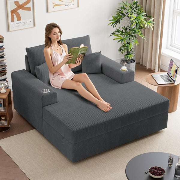 Pipleo Chaise Lounge Chair Indoor 60'' x 53'', Oversized Sofa Bed Sleeper, High-Density Foam Cloud Couch with 2 Cup Holders and 4 Fluffy Pillows for Living Room, Bedroom, Reading Room