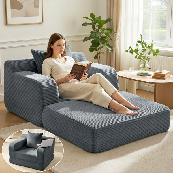 Pipleo Corduroy Futon Sofa Bed, 40" Single Sleeper Couch with Chaise Lounge & Pillow, Comfy Small Space Living Room Bedroom Couch