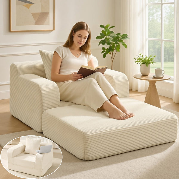 Pipleo Corduroy Futon Sofa Bed, 40" Single Sleeper Couch with Chaise Lounge & Pillow, Comfy Small Space Living Room Bedroom Couch