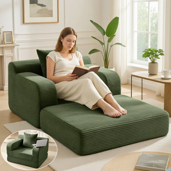 Pipleo Corduroy Futon Sofa Bed, 40" Single Sleeper Couch with Chaise Lounge & Pillow, Comfy Small Space Living Room Bedroom Couch